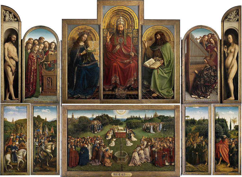 Series of Panels divided on two horizontal rows. First row left to right: a representation of Adam standing, a group of singing angels, the Virgin Mary, Jesus enthroned, St John the Baptist, angels playing instruments and Eve. In the second row a central panel with a bleeding lamb on an altar is surrounded by different groups of people in adoration in a natural setting painting with great botanical details. The crowd of people in adoration extend to two panels on each side of the central one