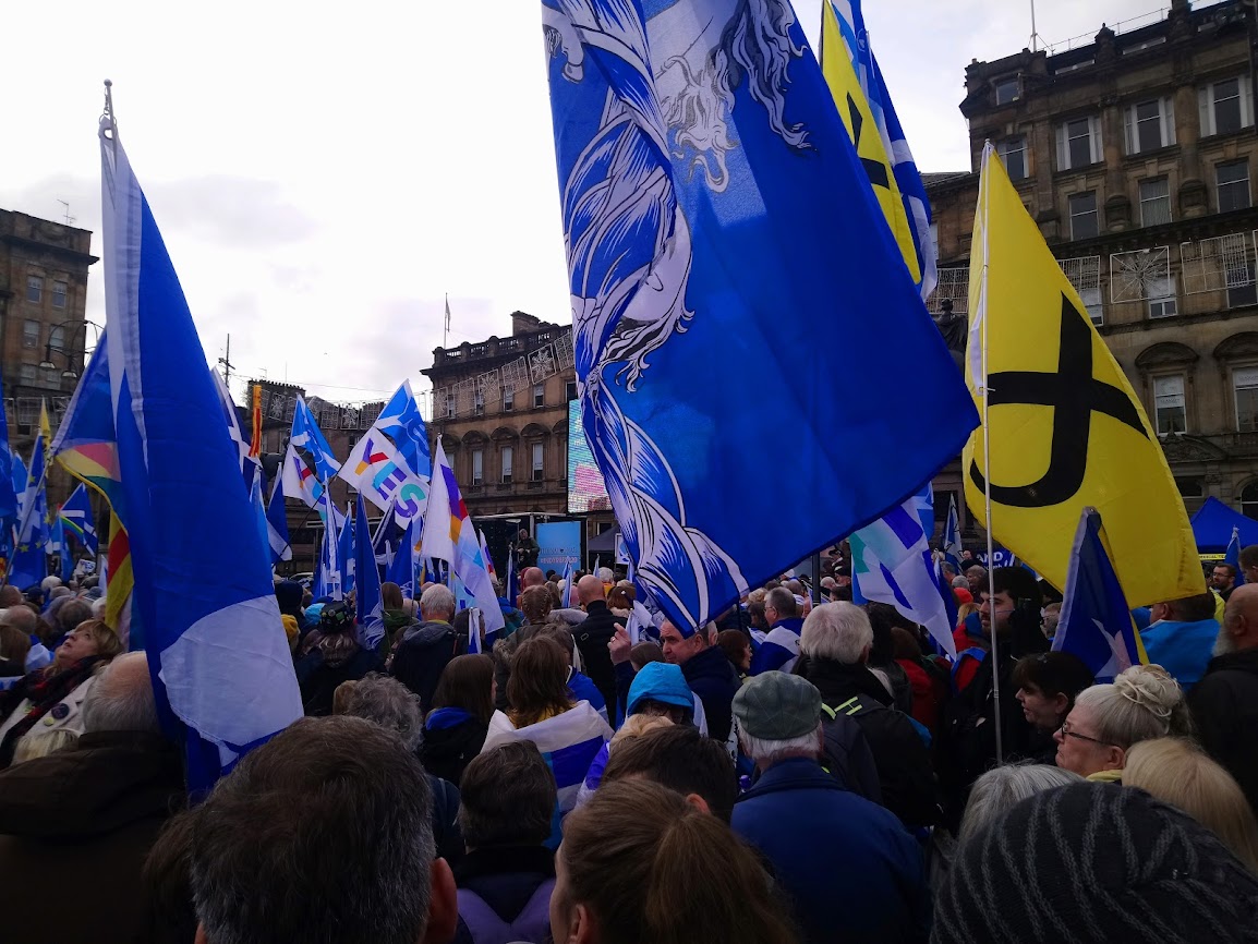 Saltires at a Scottish independence rally in Glasgow