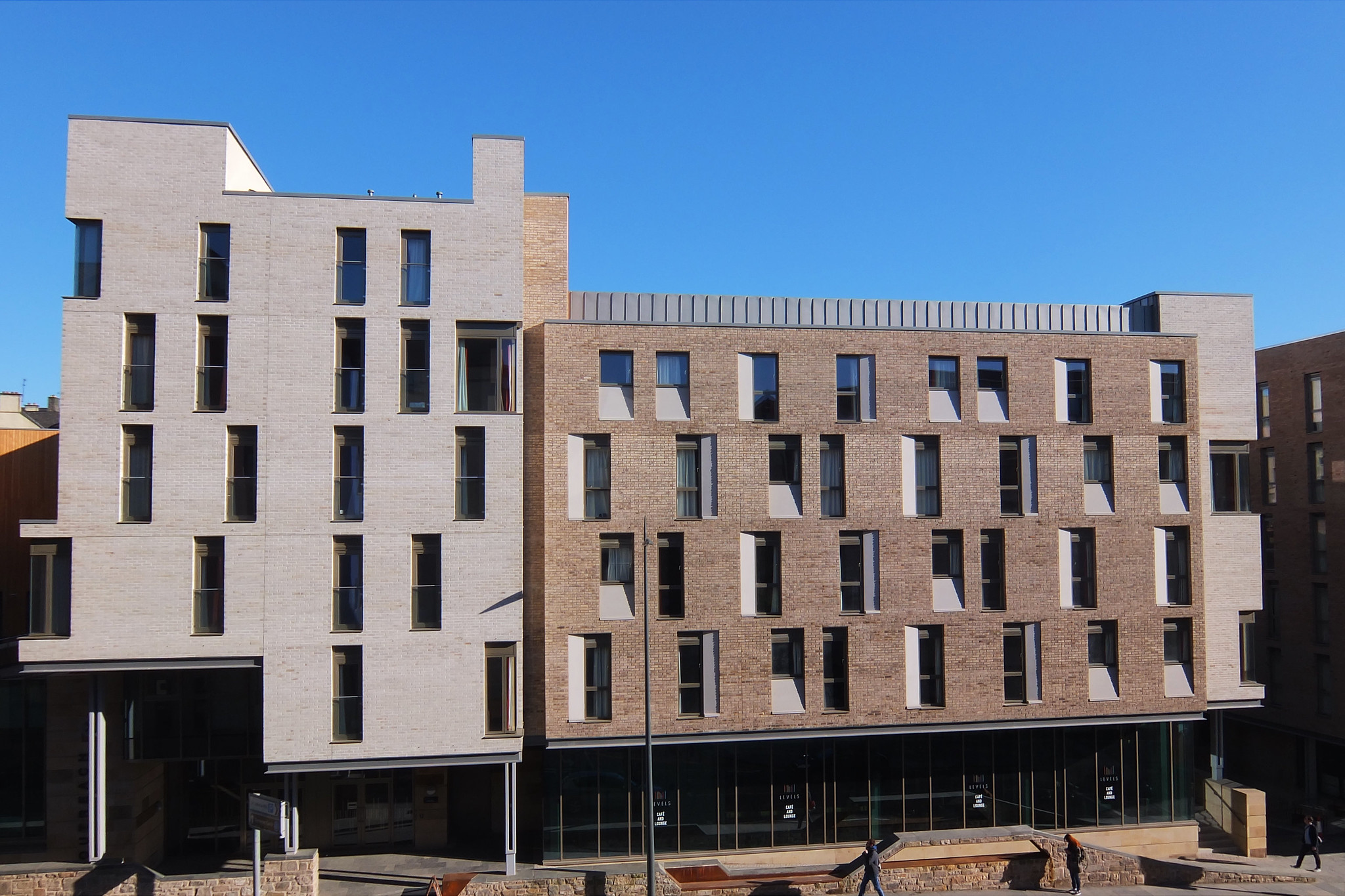 Front of a student accomodation building, new build with lots of windows