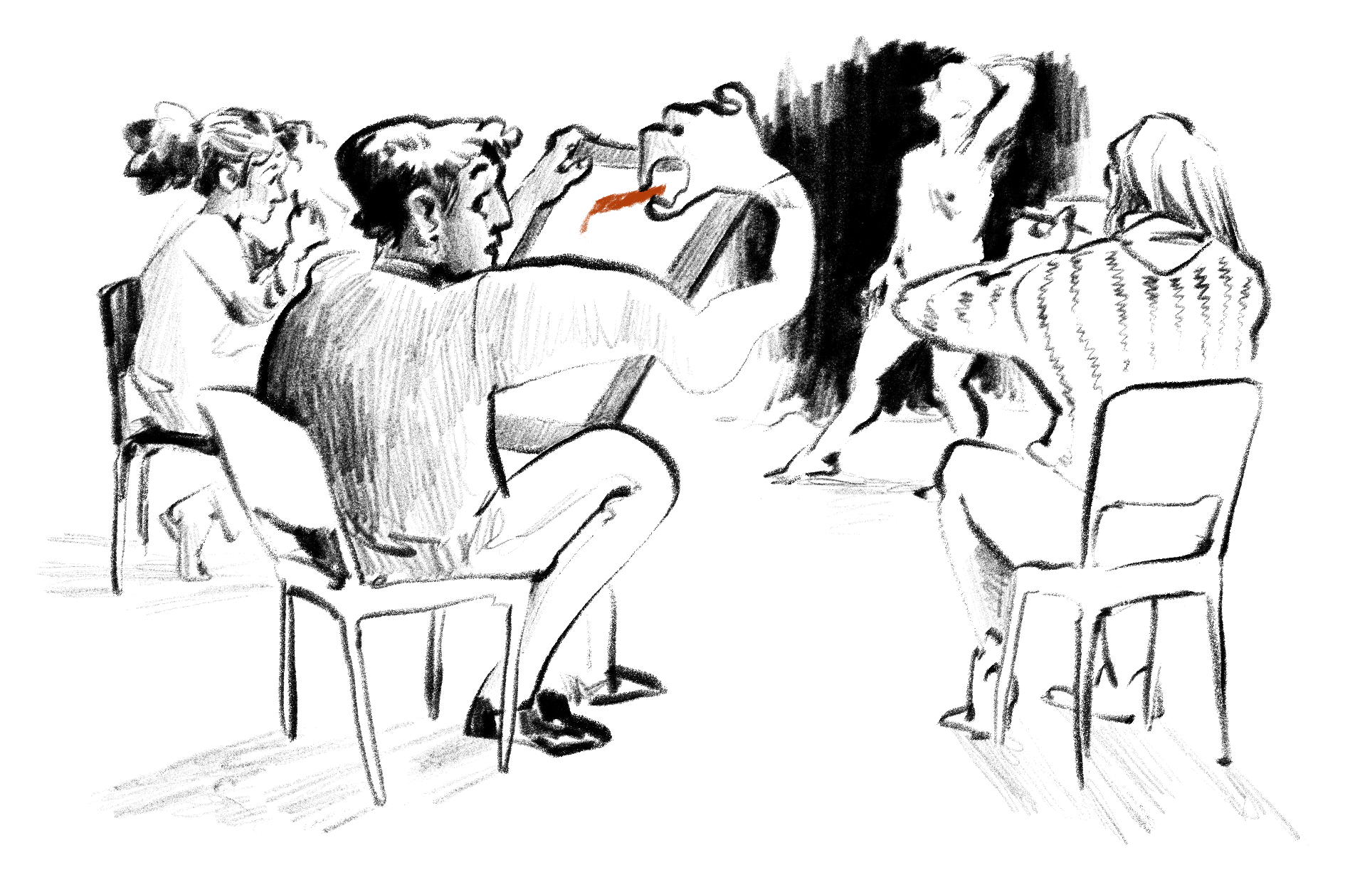 a black and white illustration of a life drawing class