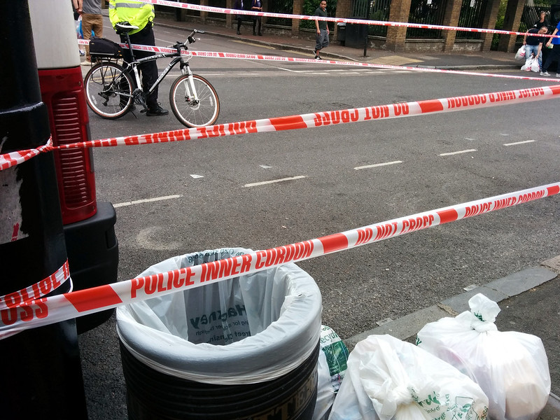 Red police tape cordoned off
