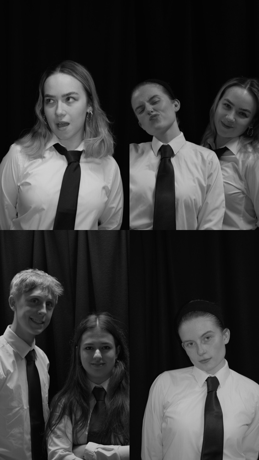 Four images in a black and white grid, each of school students in shirts and ties