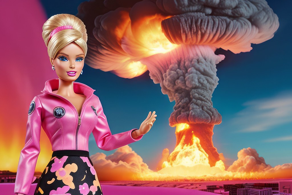 Stylised image of a barbie doll in front of a mushroom cloud of fire and smoke