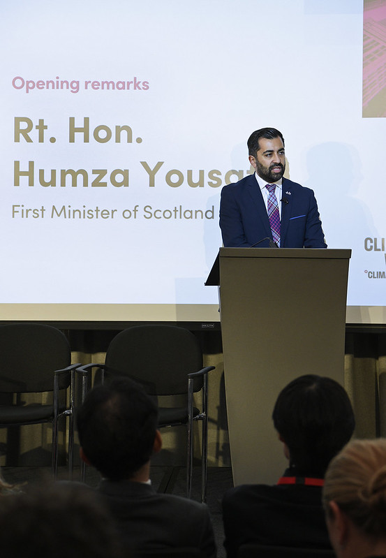 Scotland's First Minister, Humza Yousaf, gives a presentation at Climate Week 2023.