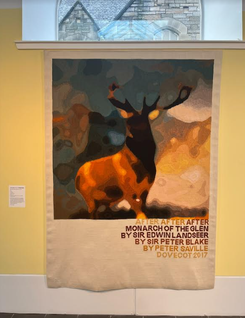 Photo of a hand woven tapestry of 'The Monarchs of the Glen', which was originally an iconic painting of a stag