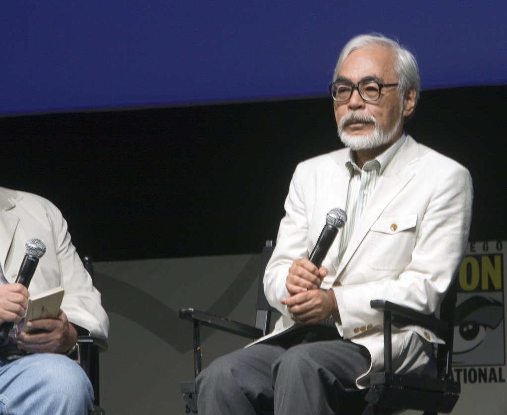 Hayao Miyazaki sitting in a chair in an interview
